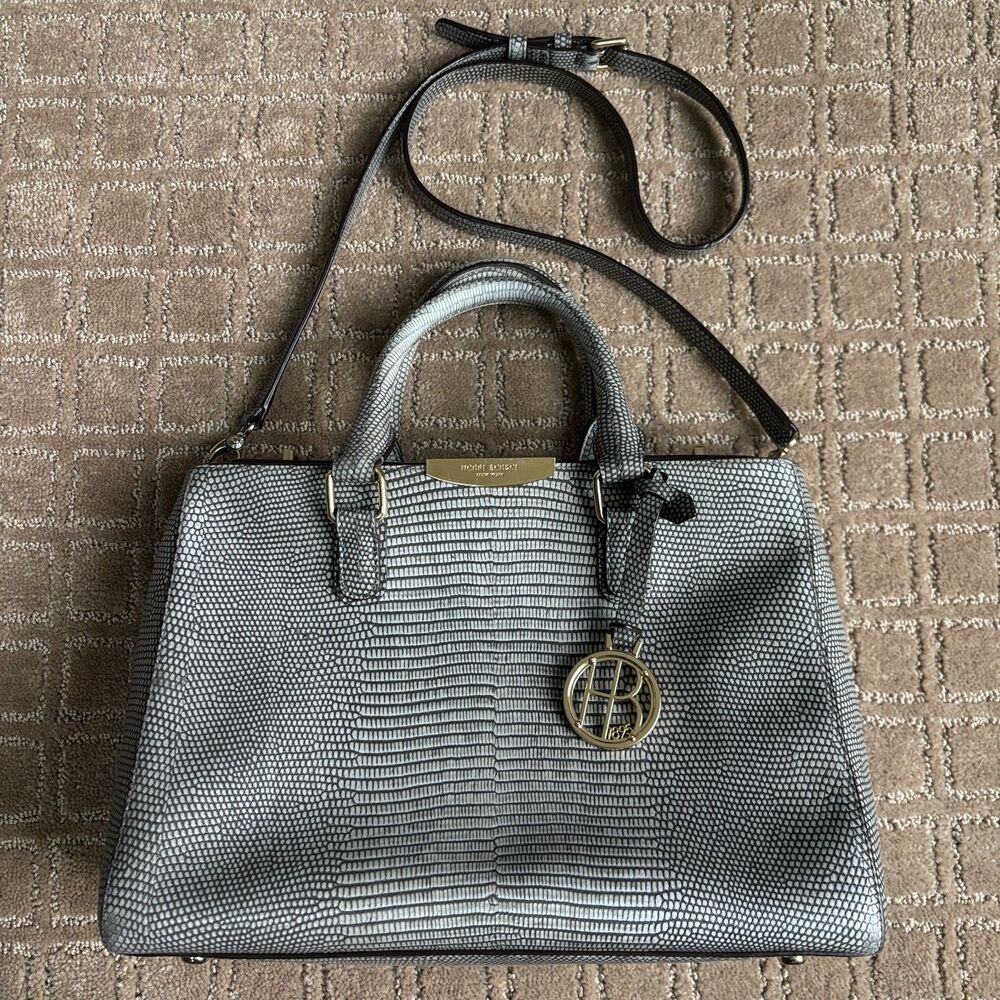 Henri Bendel Embossed Leather Top Handle Crossbody Bag Gray Reptile Turnlock